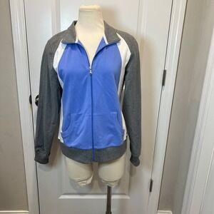 SJB Active Womens Colorblock Full Zip‎ Jacket Gray Blue White L Athletic